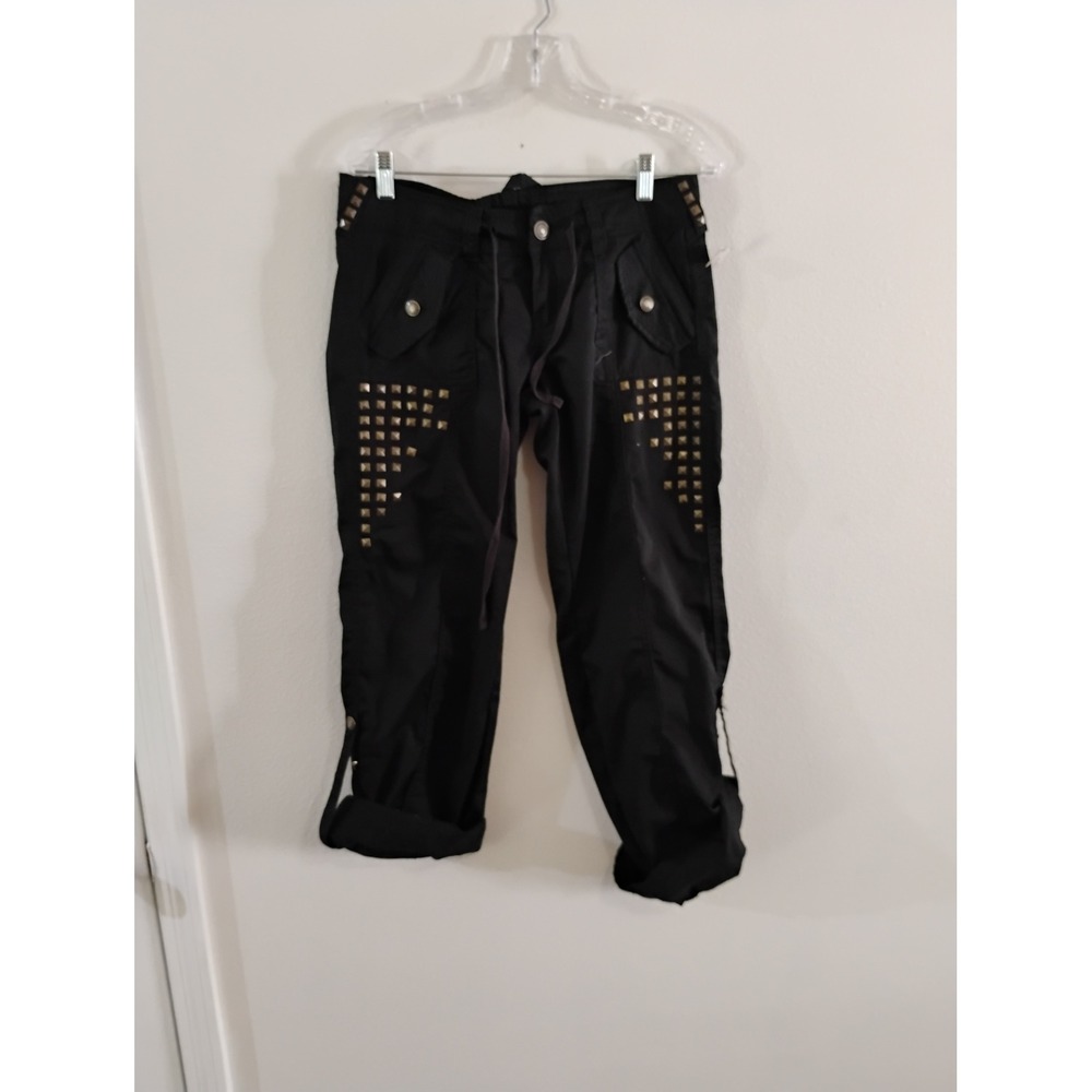 Rue21 Black Studded Cargo Capri Pants Y2K Punk Cropped Trousers Size 5/6